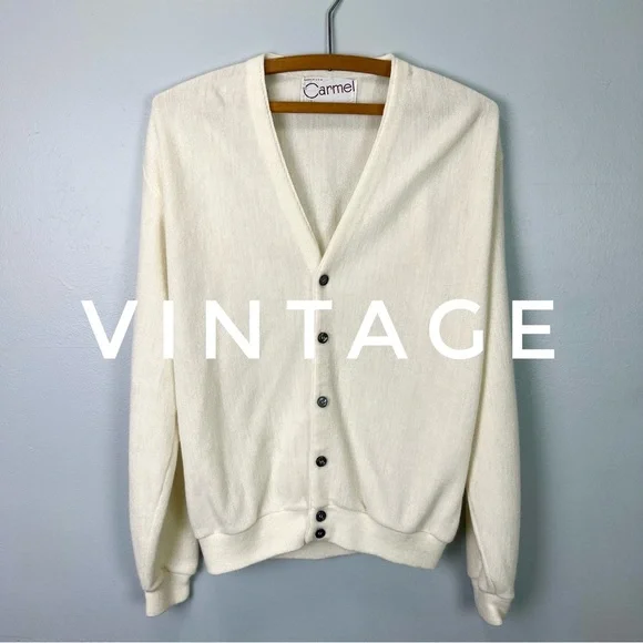 VINTAGE Button Down Cardigan Sweater - Eggshell White by CARMEL Made in USA - Picture 1 of 16